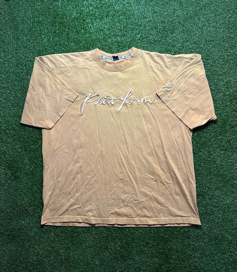 Y2K 2000s Phat Farm Embroidered Script Logo T-Shirt Tan